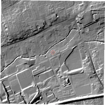 Shaded relief map of the ground around TS146QG, computed from Environment Agency LiDAR. The ground here sits at about 91 m above sea level and falls 22 m across the surrounding 800 m. Surface water reaching this point runs off ground lying to the east-south-east, 2.2 m higher.