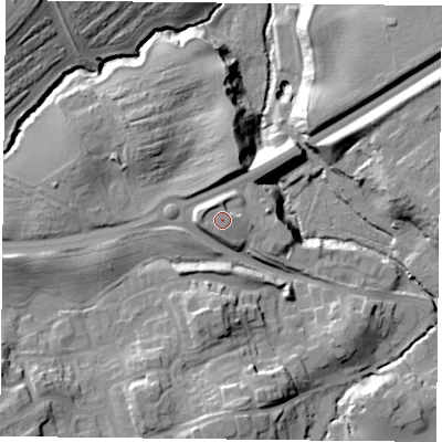 Shaded relief map of the ground around TS146QU, computed from Environment Agency LiDAR. The ground here sits at about 93 m above sea level and falls 23 m across the surrounding 800 m. Surface water reaching this point runs off ground lying to the north-west, 1.4 m higher.