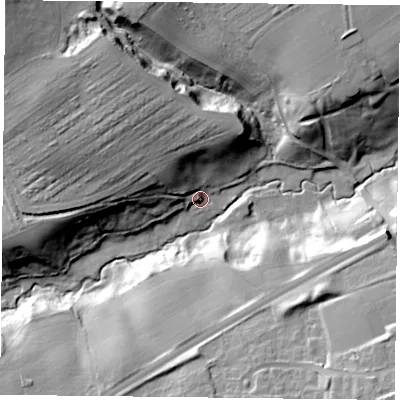 Shaded relief map of the ground around TS146QX, computed from Environment Agency LiDAR. The ground here sits at about 76 m above sea level and falls 36 m across the surrounding 800 m. Surface water reaching this point runs off ground lying to the west-north-west, 24.3 m higher.