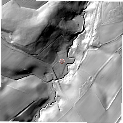 Shaded relief map of the ground around TS146RG, computed from Environment Agency LiDAR. The ground here sits at about 68 m above sea level and falls 42 m across the surrounding 800 m. Surface water reaching this point runs off ground lying to the north-north-west, 37.1 m higher.