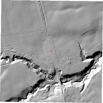 Shaded relief map of the ground around TS146RH, computed from Environment Agency LiDAR. The ground here sits at about 94 m above sea level and falls 27 m across the surrounding 800 m. Surface water reaching this point runs off ground lying to the south-south-east, 0.7 m higher.