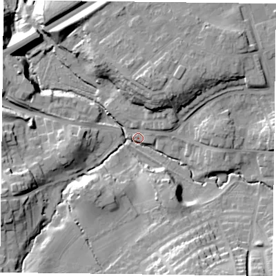 Shaded relief map of the ground around TS146RL, computed from Environment Agency LiDAR. The ground here sits at about 85 m above sea level and falls 23 m across the surrounding 800 m. Surface water reaching this point runs off ground lying to the south-south-east, 18.0 m higher.