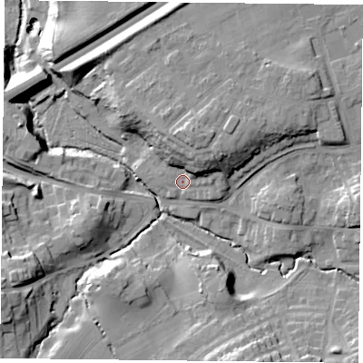Shaded relief map of the ground around TS146RU, computed from Environment Agency LiDAR. The ground here sits at about 86 m above sea level and falls 21 m across the surrounding 800 m. Surface water reaching this point runs off ground lying to the north-east, 10.0 m higher.
