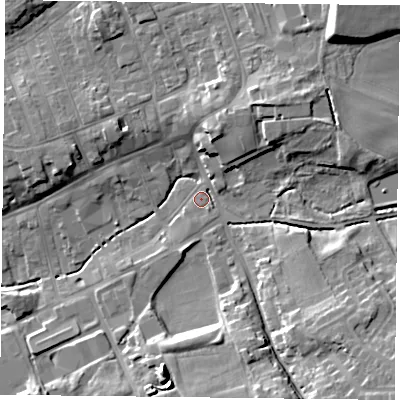 Shaded relief map of the ground around TS147AA, computed from Environment Agency LiDAR. The ground here sits at about 91 m above sea level and falls 16 m across the surrounding 800 m. Surface water reaching this point runs off ground lying to the south-east, 12.7 m higher.