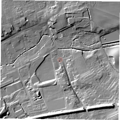 Shaded relief map of the ground around TS147AB, computed from Environment Agency LiDAR. The ground here sits at about 92 m above sea level and falls 23 m across the surrounding 800 m. Surface water reaching this point runs off ground lying to the south-east, 20.1 m higher.