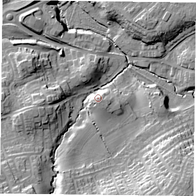 Shaded relief map of the ground around TS148DL, computed from Environment Agency LiDAR. The ground here sits at about 91 m above sea level and falls 27 m across the surrounding 800 m. Surface water reaching this point runs off ground lying to the south, 6.8 m higher.