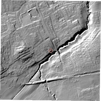 Shaded relief map of the ground around TS148EE, computed from Environment Agency LiDAR. The ground here sits at about 106 m above sea level and falls 29 m across the surrounding 800 m. Surface water reaching this point runs off ground lying to the west-south-west, 18.9 m higher.