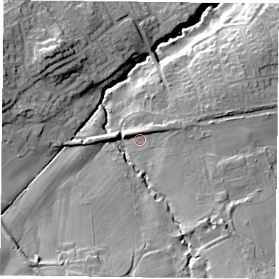 Shaded relief map of the ground around TS148EJ, computed from Environment Agency LiDAR. The ground here sits at about 107 m above sea level and falls 29 m across the surrounding 800 m. Surface water reaching this point runs off ground lying to the south-east, 10.2 m higher.