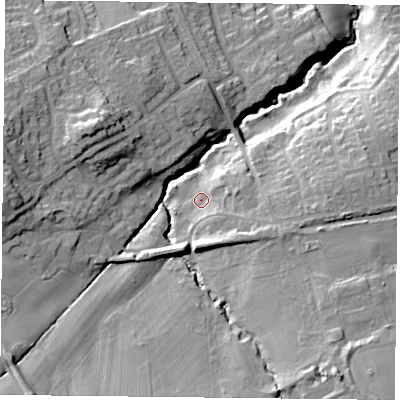 Shaded relief map of the ground around TS148EQ, computed from Environment Agency LiDAR. The ground here sits at about 105 m above sea level and falls 28 m across the surrounding 800 m. Surface water reaching this point runs off ground lying to the east-south-east, 6.8 m higher.