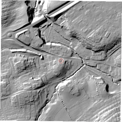 Shaded relief map of the ground around TS148HY, computed from Environment Agency LiDAR. The ground here sits at about 89 m above sea level and falls 22 m across the surrounding 800 m. Surface water reaching this point runs off ground lying to the south-south-west, 4.4 m higher.