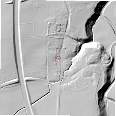 Shaded relief map of the ground around TS150BA, computed from Environment Agency LiDAR. The ground here sits at about 50 m above sea level and falls 37 m across the surrounding 800 m. Surface water reaching this point runs off ground lying to the west-north-west, 10.2 m higher.