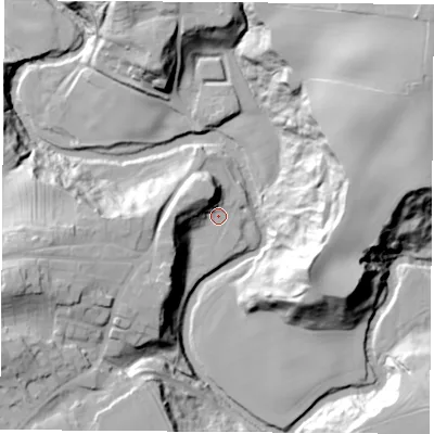 Shaded relief map of the ground around TS150EX, computed from Environment Agency LiDAR. The ground here sits at about 48 m above sea level and falls 45 m across the surrounding 800 m. Surface water reaching this point runs off ground lying to the south-west, 22.6 m higher.
