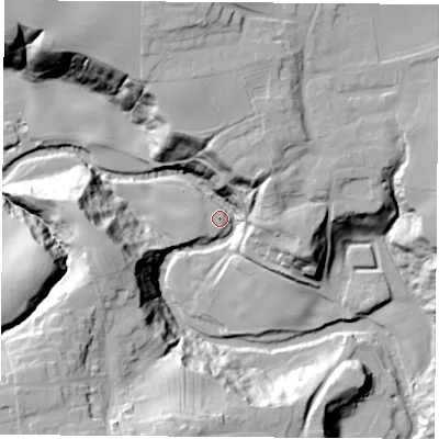 Shaded relief map of the ground around TS150EZ, computed from Environment Agency LiDAR. The ground here sits at about 44 m above sea level and falls 39 m across the surrounding 800 m. Surface water reaching this point runs off ground lying to the south-south-west, 37.8 m higher.