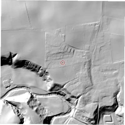 Shaded relief map of the ground around TS150JF, computed from Environment Agency LiDAR. The ground here sits at about 72 m above sea level and falls 39 m across the surrounding 800 m. Surface water reaching this point runs off ground lying to the north-north-west, 4.9 m higher.