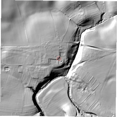 Shaded relief map of the ground around TS150JN, computed from Environment Agency LiDAR. The ground here sits at about 68 m above sea level and falls 23 m across the surrounding 800 m. Surface water reaching this point runs off ground lying to the west-north-west, 2.9 m higher.