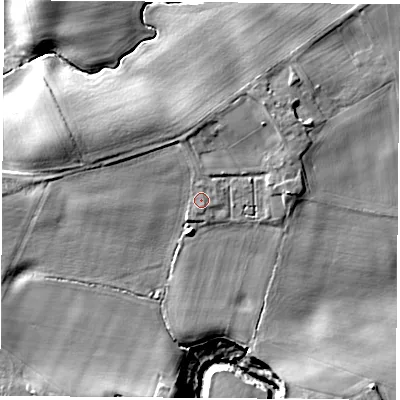 Shaded relief map of the ground around TS150JR, computed from Environment Agency LiDAR. The ground here sits at about 66 m above sea level and falls 14 m across the surrounding 800 m. Surface water reaching this point runs off ground lying to the north, 1.0 m higher.