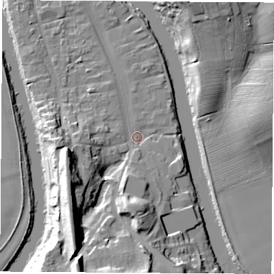 Shaded relief map of the ground around TS159AA, computed from Environment Agency LiDAR. The ground here sits at about 6 m above sea level and falls 24 m across the surrounding 800 m. Surface water reaching this point runs off ground lying to the south-south-west, 21.2 m higher.