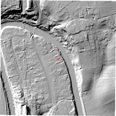 Shaded relief map of the ground around TS159AB, computed from Environment Agency LiDAR. The ground here sits at about 6 m above sea level and falls 28 m across the surrounding 800 m. Surface water reaching this point runs off ground lying to the south-south-west, 1.6 m higher.