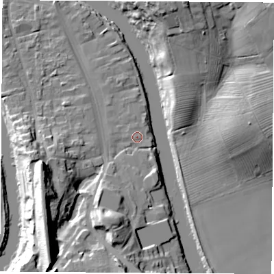 Shaded relief map of the ground around TS159AD, computed from Environment Agency LiDAR. The ground here sits at about 7 m above sea level and falls 25 m across the surrounding 800 m. Surface water reaching this point runs off ground lying to the south-west, 20.8 m higher.