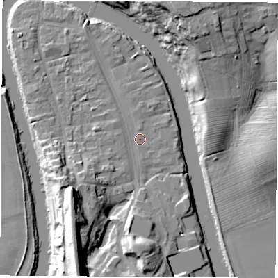Shaded relief map of the ground around TS159AE, computed from Environment Agency LiDAR. The ground here sits at about 6 m above sea level and falls 27 m across the surrounding 800 m. Surface water reaching this point runs off ground lying to the south-south-west, 19.7 m higher.