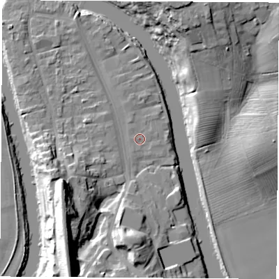 Shaded relief map of the ground around TS159AF, computed from Environment Agency LiDAR. The ground here sits at about 6 m above sea level and falls 26 m across the surrounding 800 m. Surface water reaching this point runs off ground lying to the east-south-east, 0.5 m higher.