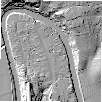 Shaded relief map of the ground around TS159AH, computed from Environment Agency LiDAR. The ground here sits at about 7 m above sea level and falls 27 m across the surrounding 800 m. The ground contributing surface water to this point lies to the east-south-east.