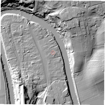 Shaded relief map of the ground around TS159AJ, computed from Environment Agency LiDAR. The ground here sits at about 6 m above sea level and falls 27 m across the surrounding 800 m. Surface water reaching this point runs off ground lying to the south-west, 0.9 m higher.