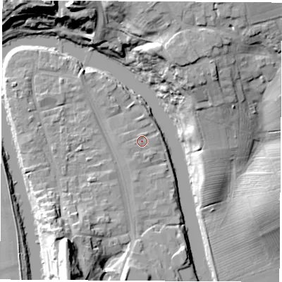 Shaded relief map of the ground around TS159AL, computed from Environment Agency LiDAR. The ground here sits at about 6 m above sea level and falls 28 m across the surrounding 800 m. Surface water reaching this point runs off ground lying to the south, 0.9 m higher.