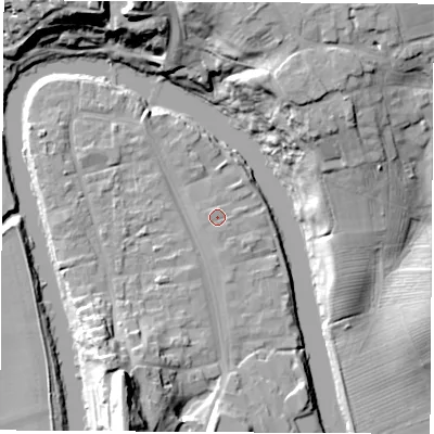 Shaded relief map of the ground around TS159AN, computed from Environment Agency LiDAR. The ground here sits at about 7 m above sea level and falls 28 m across the surrounding 800 m. Surface water reaching this point runs off ground lying to the south, 0.7 m higher.
