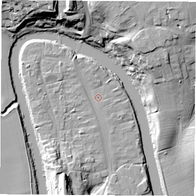Shaded relief map of the ground around TS159AP, computed from Environment Agency LiDAR. The ground here sits at about 6 m above sea level and falls 28 m across the surrounding 800 m. Surface water reaching this point runs off ground lying to the south, 1.6 m higher.