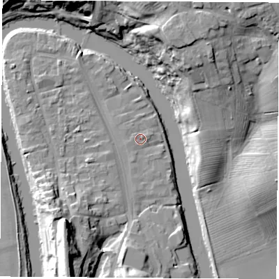 Shaded relief map of the ground around TS159AQ, computed from Environment Agency LiDAR. The ground here sits at about 6 m above sea level and falls 27 m across the surrounding 800 m. Surface water reaching this point runs off ground lying to the west-north-west, 0.9 m higher.