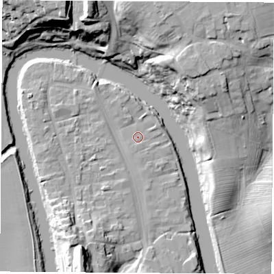 Shaded relief map of the ground around TS159AR, computed from Environment Agency LiDAR. The ground here sits at about 6 m above sea level and falls 28 m across the surrounding 800 m. Surface water reaching this point runs off ground lying to the south-south-west, 0.7 m higher.