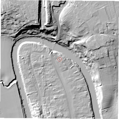 Shaded relief map of the ground around TS159AS, computed from Environment Agency LiDAR. The ground here sits at about 6 m above sea level and falls 28 m across the surrounding 800 m. Surface water reaching this point runs off ground lying to the south-west, 0.8 m higher.
