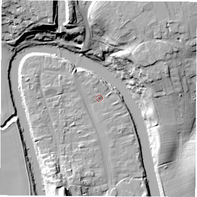 Shaded relief map of the ground around TS159AT, computed from Environment Agency LiDAR. The ground here sits at about 6 m above sea level and falls 28 m across the surrounding 800 m. Surface water reaching this point runs off ground lying to the north-west, 2.4 m higher.