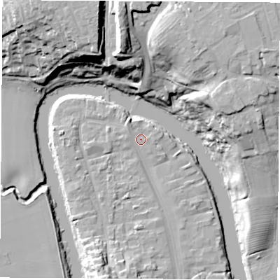 Shaded relief map of the ground around TS159AU, computed from Environment Agency LiDAR. The ground here sits at about 7 m above sea level and falls 28 m across the surrounding 800 m. Surface water reaching this point runs off ground lying to the north-west, 1.9 m higher.