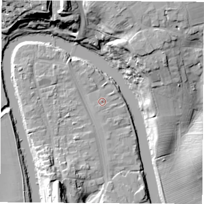 Shaded relief map of the ground around TS159AW, computed from Environment Agency LiDAR. The ground here sits at about 6 m above sea level and falls 28 m across the surrounding 800 m. Surface water reaching this point runs off ground lying to the south-south-west, 0.8 m higher.
