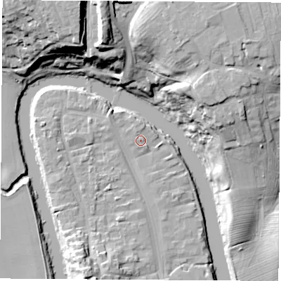 Shaded relief map of the ground around TS159AX, computed from Environment Agency LiDAR. The ground here sits at about 7 m above sea level and falls 28 m across the surrounding 800 m. Surface water reaching this point runs off ground lying to the north-west, 0.9 m higher.