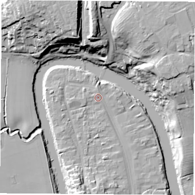 Shaded relief map of the ground around TS159AY, computed from Environment Agency LiDAR. The ground here sits at about 7 m above sea level and falls 28 m across the surrounding 800 m. Surface water reaching this point runs off ground lying to the north-north-west, 0.8 m higher.