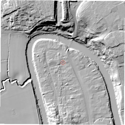 Shaded relief map of the ground around TS159BA, computed from Environment Agency LiDAR. The ground here sits at about 6 m above sea level and falls 28 m across the surrounding 800 m. Surface water reaching this point runs off ground lying to the north-north-west, 1.6 m higher.