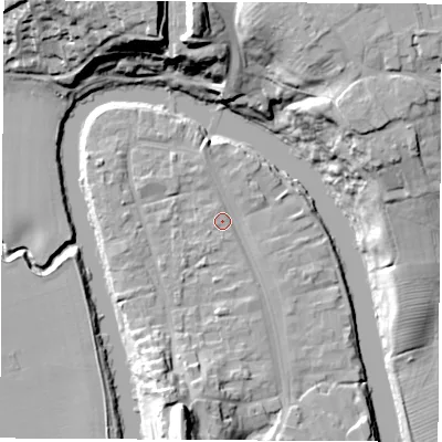 Shaded relief map of the ground around TS159BB, computed from Environment Agency LiDAR. The ground here sits at about 6 m above sea level and falls 28 m across the surrounding 800 m. Surface water reaching this point runs off ground lying to the south-south-east, 1.7 m higher.