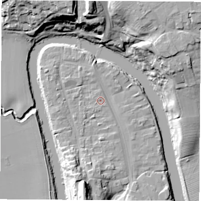 Shaded relief map of the ground around TS159BD, computed from Environment Agency LiDAR. The ground here sits at about 6 m above sea level and falls 28 m across the surrounding 800 m. Surface water reaching this point runs off ground lying to the south-south-east, 1.7 m higher.
