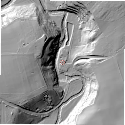 Shaded relief map of the ground around TS159BF, computed from Environment Agency LiDAR. The ground here sits at about 8 m above sea level and falls 36 m across the surrounding 800 m. Surface water reaching this point runs off ground lying to the east, 3.8 m higher.
