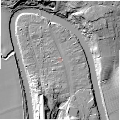 Shaded relief map of the ground around TS159BG, computed from Environment Agency LiDAR. The ground here sits at about 6 m above sea level and falls 27 m across the surrounding 800 m. Surface water reaching this point runs off ground lying to the south-south-east, 1.3 m higher.