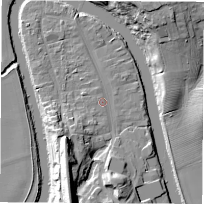 Shaded relief map of the ground around TS159BH, computed from Environment Agency LiDAR. The ground here sits at about 7 m above sea level and falls 27 m across the surrounding 800 m. Surface water reaching this point runs off ground lying to the south-west, 7.0 m higher.
