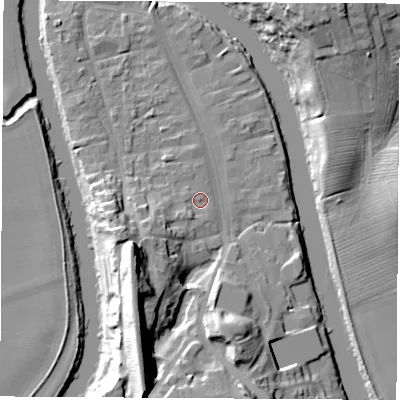 Shaded relief map of the ground around TS159BL, computed from Environment Agency LiDAR. The ground here sits at about 7 m above sea level and falls 26 m across the surrounding 800 m. Surface water reaching this point runs off ground lying to the south-west, 8.1 m higher.