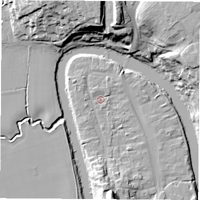 Shaded relief map of the ground around TS159BN, computed from Environment Agency LiDAR. The ground here sits at about 6 m above sea level and falls 28 m across the surrounding 800 m. Surface water reaching this point runs off ground lying to the north-north-east, 1.6 m higher.