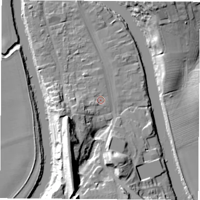 Shaded relief map of the ground around TS159BP, computed from Environment Agency LiDAR. The ground here sits at about 7 m above sea level and falls 25 m across the surrounding 800 m. Surface water reaching this point runs off ground lying to the west-south-west, 8.0 m higher.