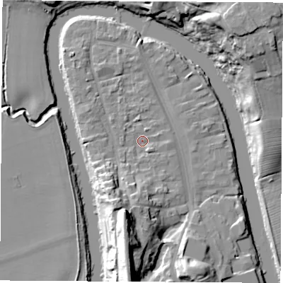 Shaded relief map of the ground around TS159BQ, computed from Environment Agency LiDAR. The ground here sits at about 6 m above sea level and falls 27 m across the surrounding 800 m. Surface water reaching this point runs off ground lying to the south-south-west, 18.2 m higher.