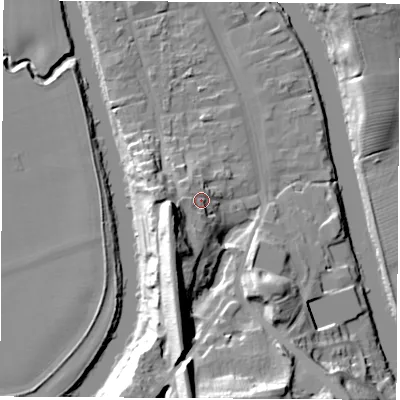 Shaded relief map of the ground around TS159BS, computed from Environment Agency LiDAR. The ground here sits at about 13 m above sea level and falls 26 m across the surrounding 800 m. Surface water reaching this point runs off ground lying to the south-south-west, 14.4 m higher.