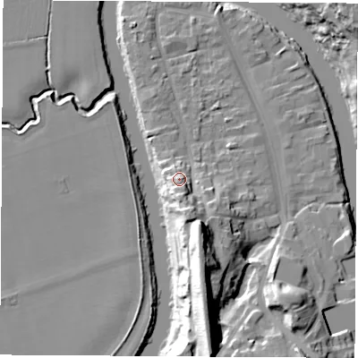 Shaded relief map of the ground around TS159BT, computed from Environment Agency LiDAR. The ground here sits at about 13 m above sea level and falls 24 m across the surrounding 800 m. Surface water reaching this point runs off ground lying to the south, 3.3 m higher.